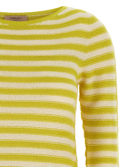 Cardigan by Twinset for women in plush cotton & polyamide bicolour, yellow & striped features a nuanced silhouette with a refined crew neckline and nuanced detailing for a sophisticated look.