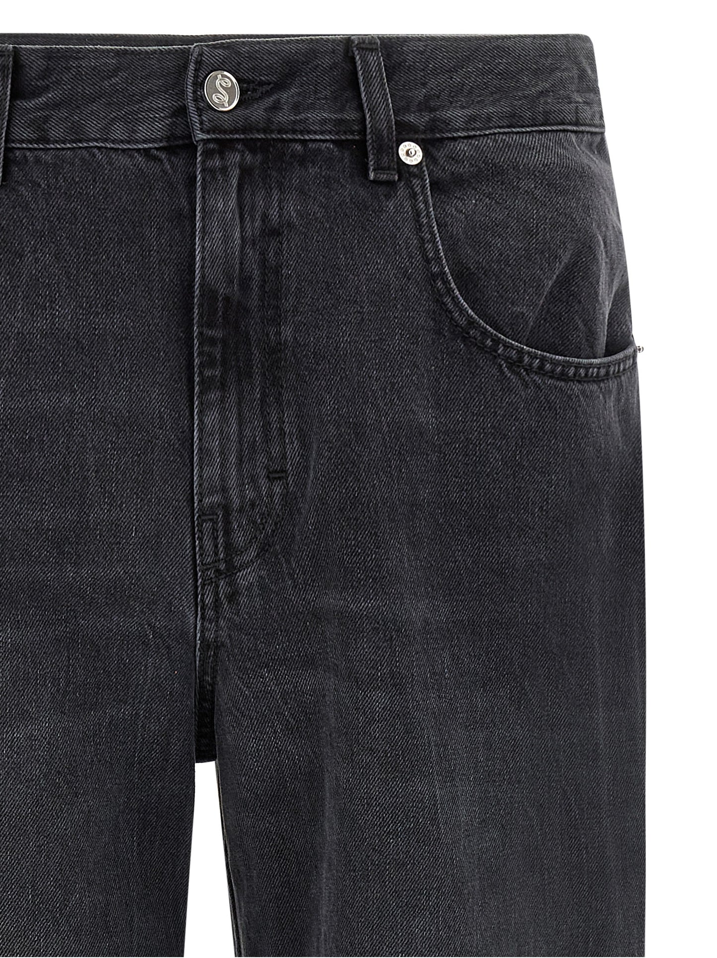 Jeans by SÉFR for men in denim cotton black features a polished silhouette with a polished straight-leg, reaching a polished long and finished with a polished .