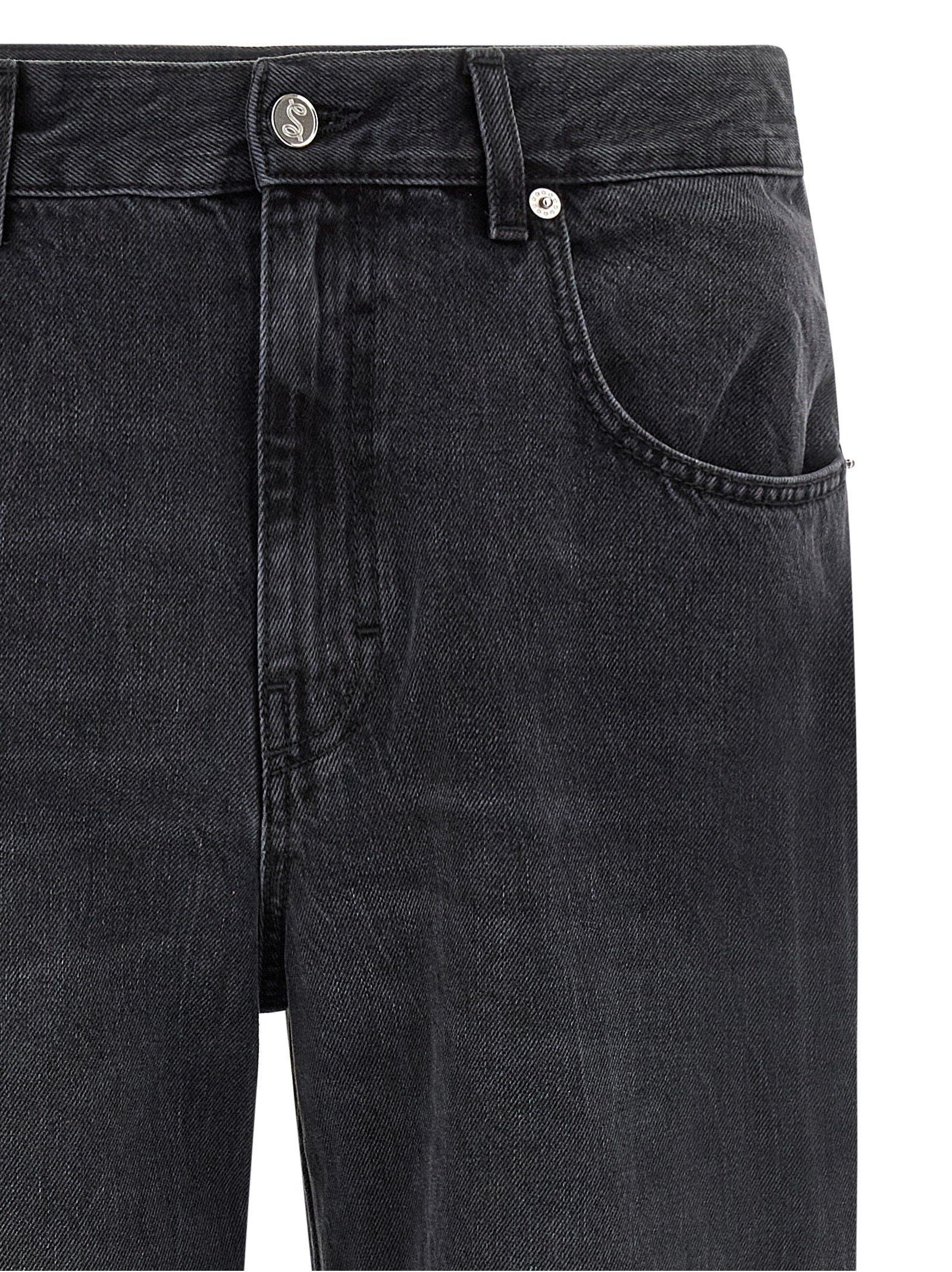 Jeans by SÉFR for men in denim cotton black features a polished silhouette with a polished straight-leg, reaching a polished long and finished with a polished .