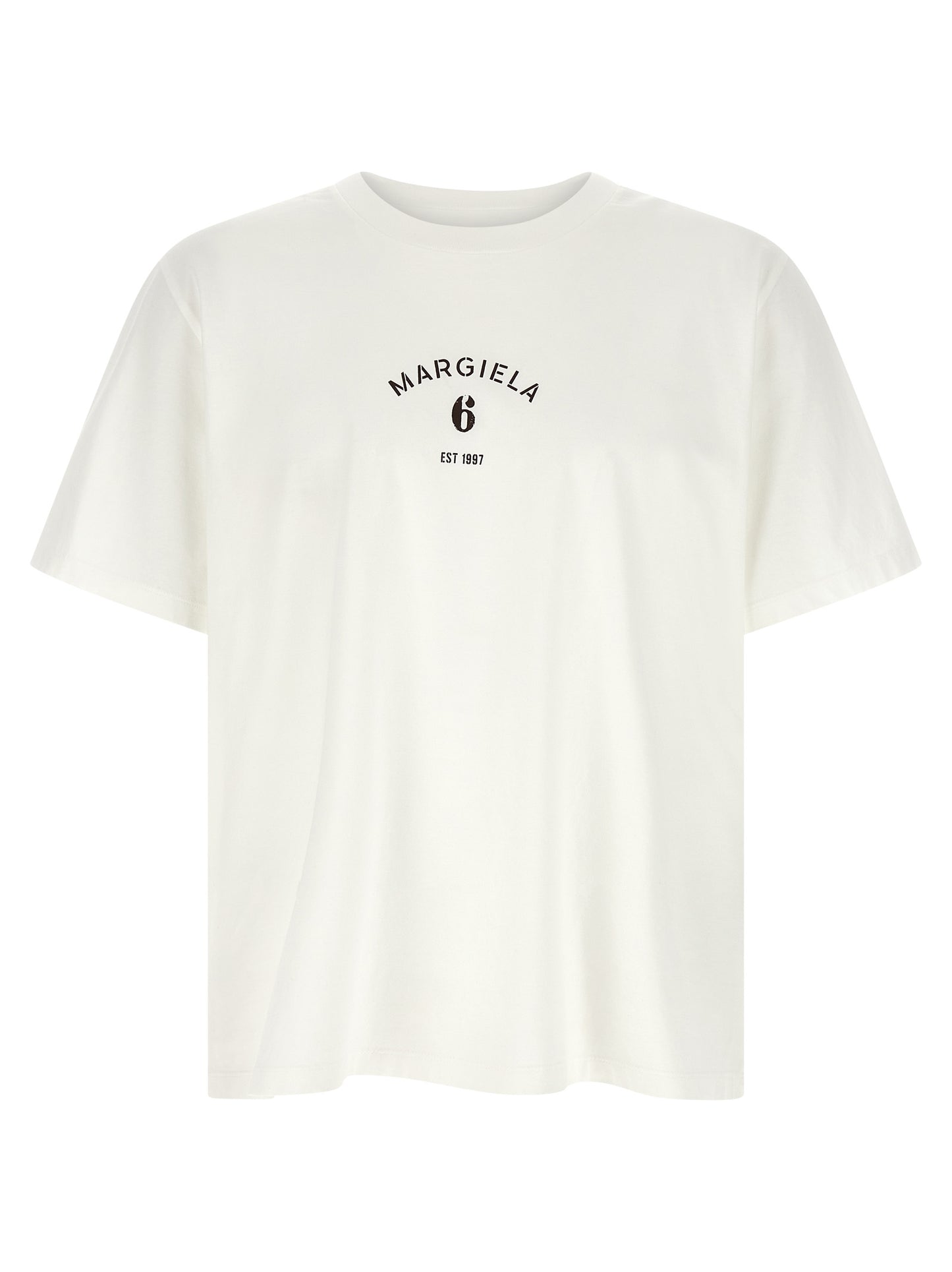T-Shirt by MM6 Maison Margiela for men in cotton white, signature & print showcases a unassuming silhouette, artfully detailed with a refined crew neckline and unassuming for a sophisticated, contemporary look.