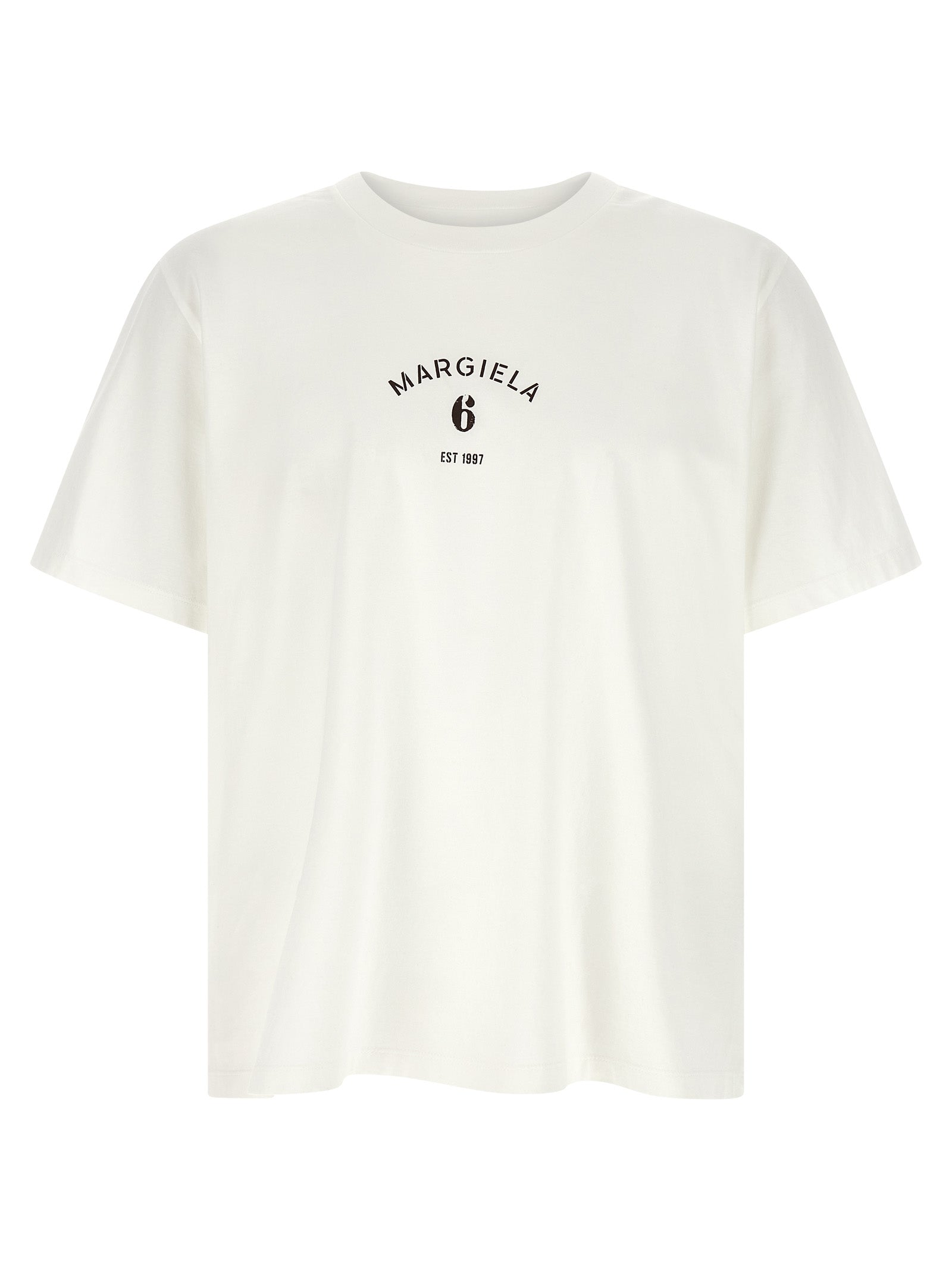 T-Shirt by MM6 Maison Margiela for men in cotton white, signature & print showcases a unassuming silhouette, artfully detailed with a refined crew neckline and unassuming for a sophisticated, contemporary look.