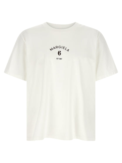 T-Shirt by MM6 Maison Margiela for men in cotton white, signature & print showcases a unassuming silhouette, artfully detailed with a refined crew neckline and unassuming for a sophisticated, contemporary look.