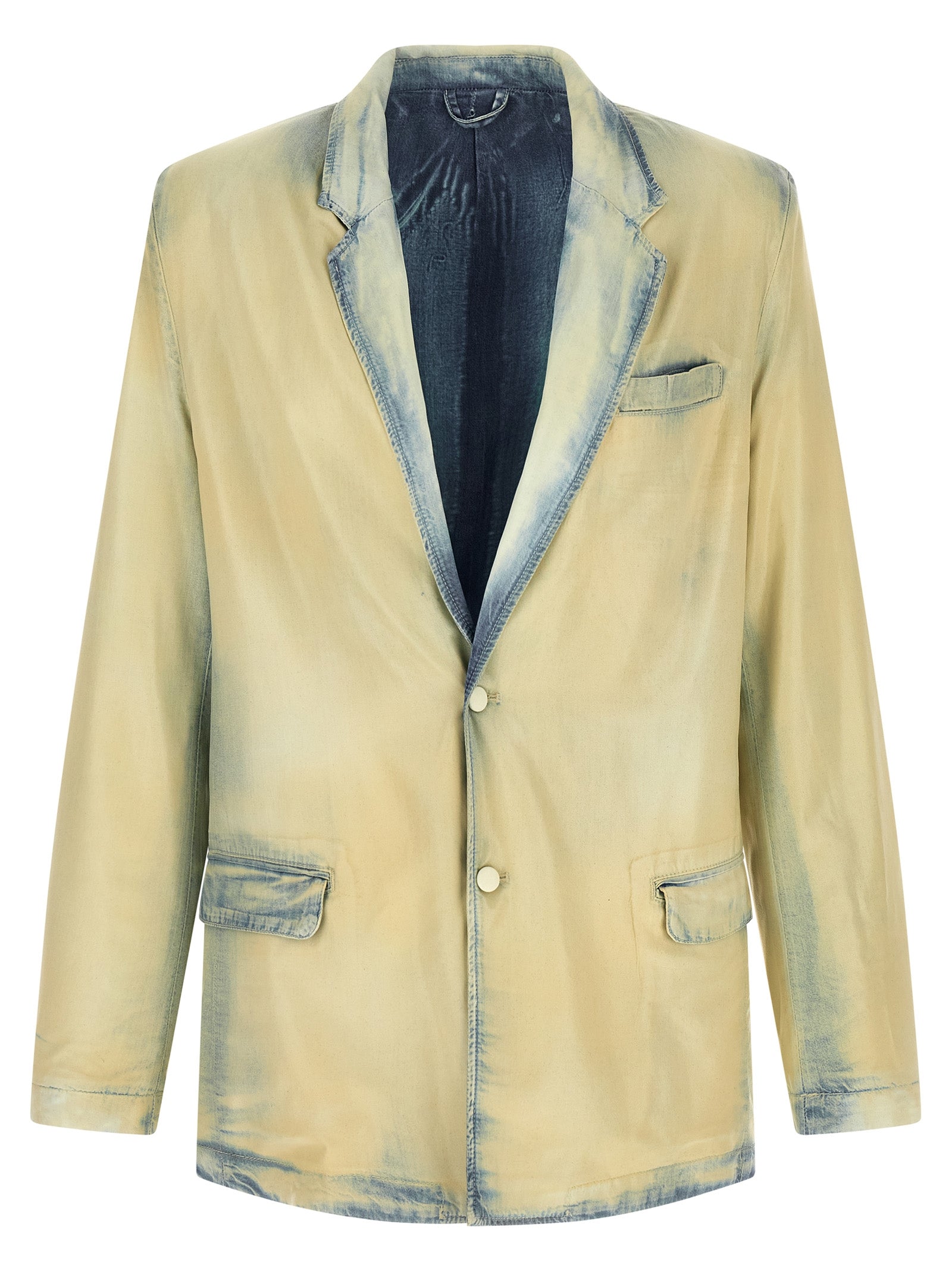 Blazer by Diesel for men in lyocell denim gradient & beige features an sartorial silhouette, showcasing a sophisticated and sartorial for a truly sartorial finish.