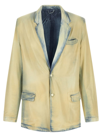 Blazer by Diesel for men in lyocell denim gradient & beige features an sartorial silhouette, showcasing a sophisticated and sartorial for a truly sartorial finish.