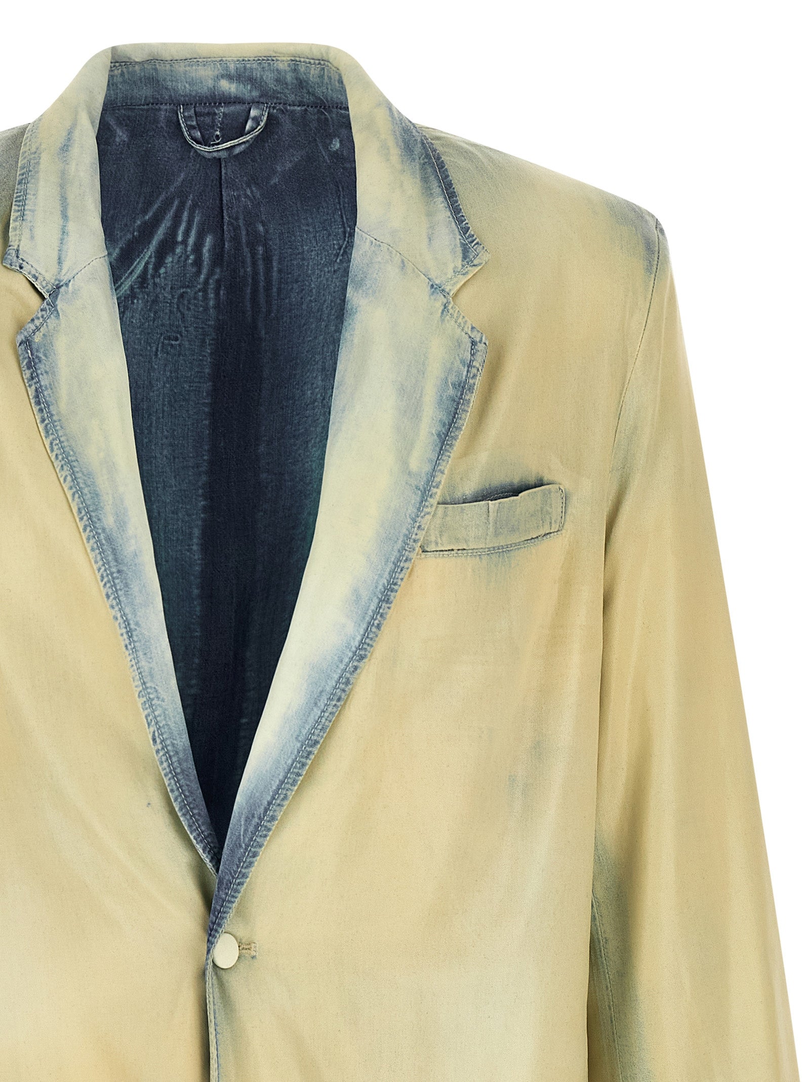 Blazer by Diesel for men in lyocell denim gradient & beige presents a distinguished silhouette, detailed with a distinguished and distinctive for a truly sophisticated finish.