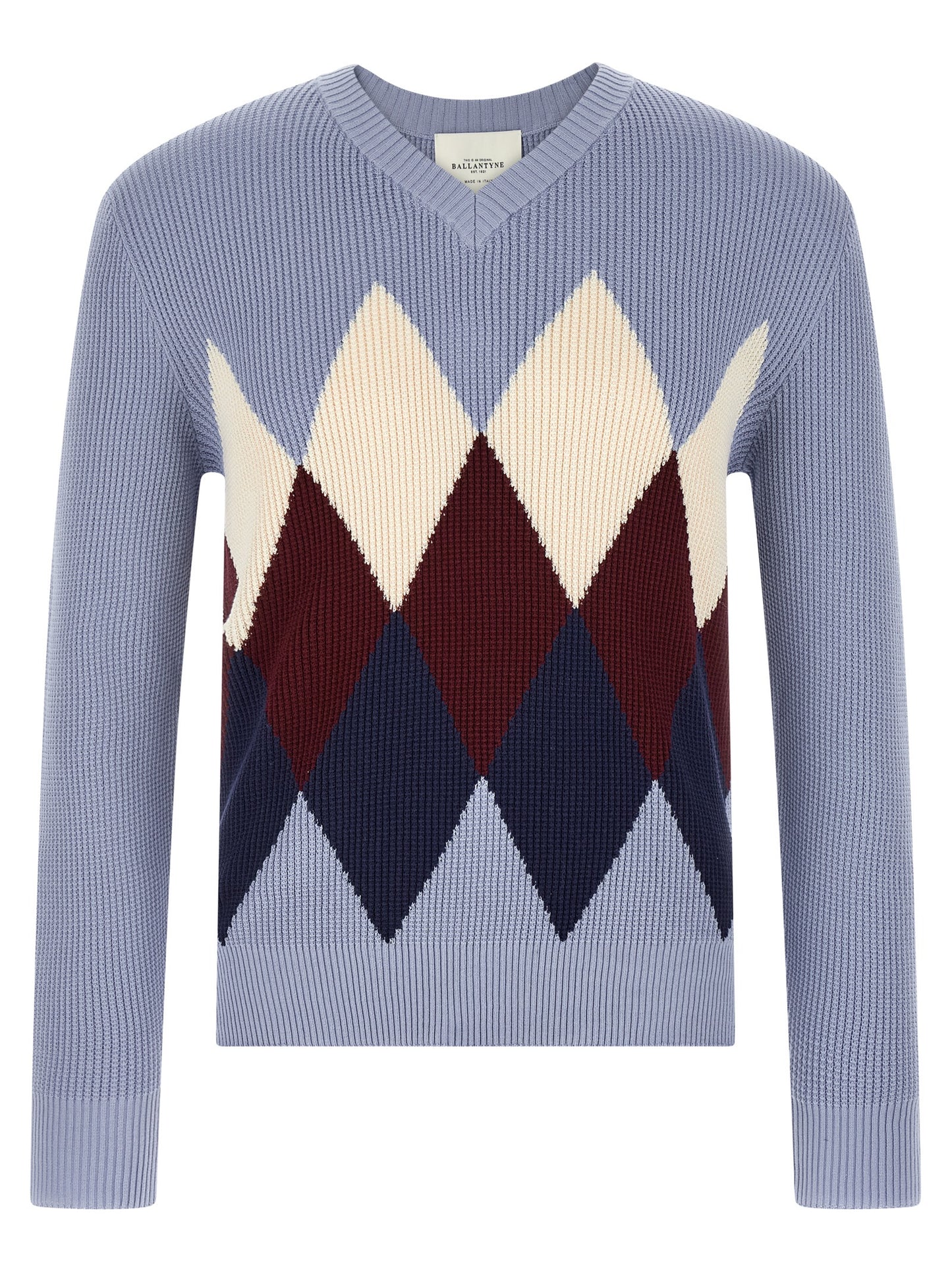 Cardigan by Ballantyne for men in cotton light-blue, patterned, argyle & jacquard features an impeccable silhouette, showcasing a sophisticated v-neck neckline and detail for a truly impeccable finish.
