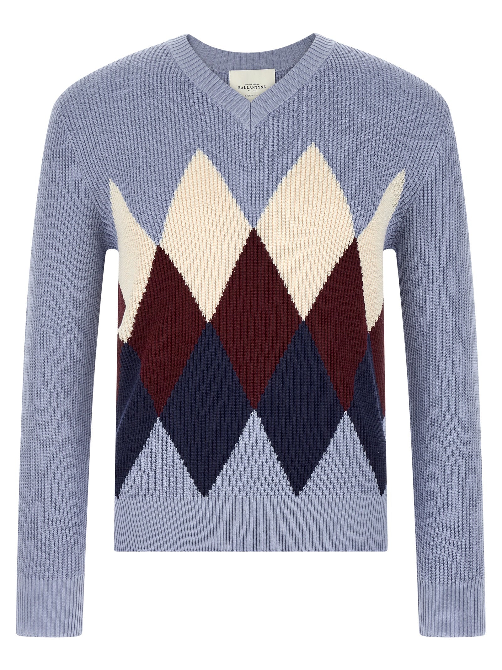 Cardigan by Ballantyne for men in cotton light-blue, patterned, argyle & jacquard features an impeccable silhouette, showcasing a sophisticated v-neck neckline and detail for a truly impeccable finish.
