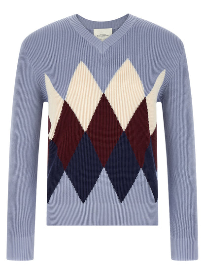 Cardigan by Ballantyne for men in cotton light-blue, patterned, argyle & jacquard features an impeccable silhouette, showcasing a sophisticated v-neck neckline and detail for a truly impeccable finish.