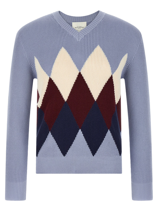 Cardigan by Ballantyne for men in cotton light-blue, patterned, argyle & jacquard features an impeccable silhouette, showcasing a sophisticated v-neck neckline and detail for a truly impeccable finish.