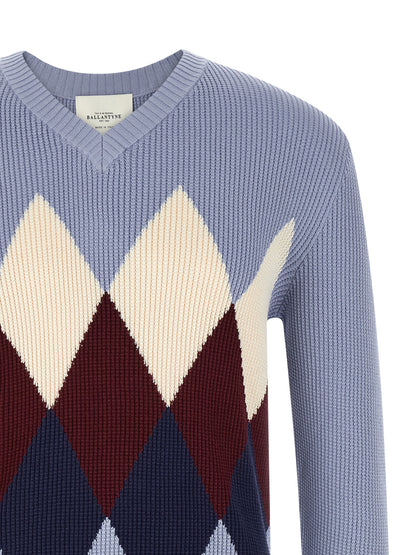 Cardigan by Ballantyne for men in cotton light-blue, patterned, argyle & jacquard showcases a captivating silhouette, artfully detailed with a captivating and v-neck neckline for a truly sophisticated captivating look.