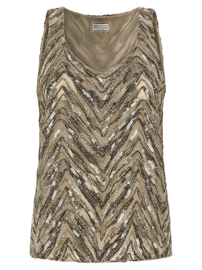 Brunello Cucinelli Grace Women's Wide V Neck Silk & Sequins Tank Top - Beige Chevron