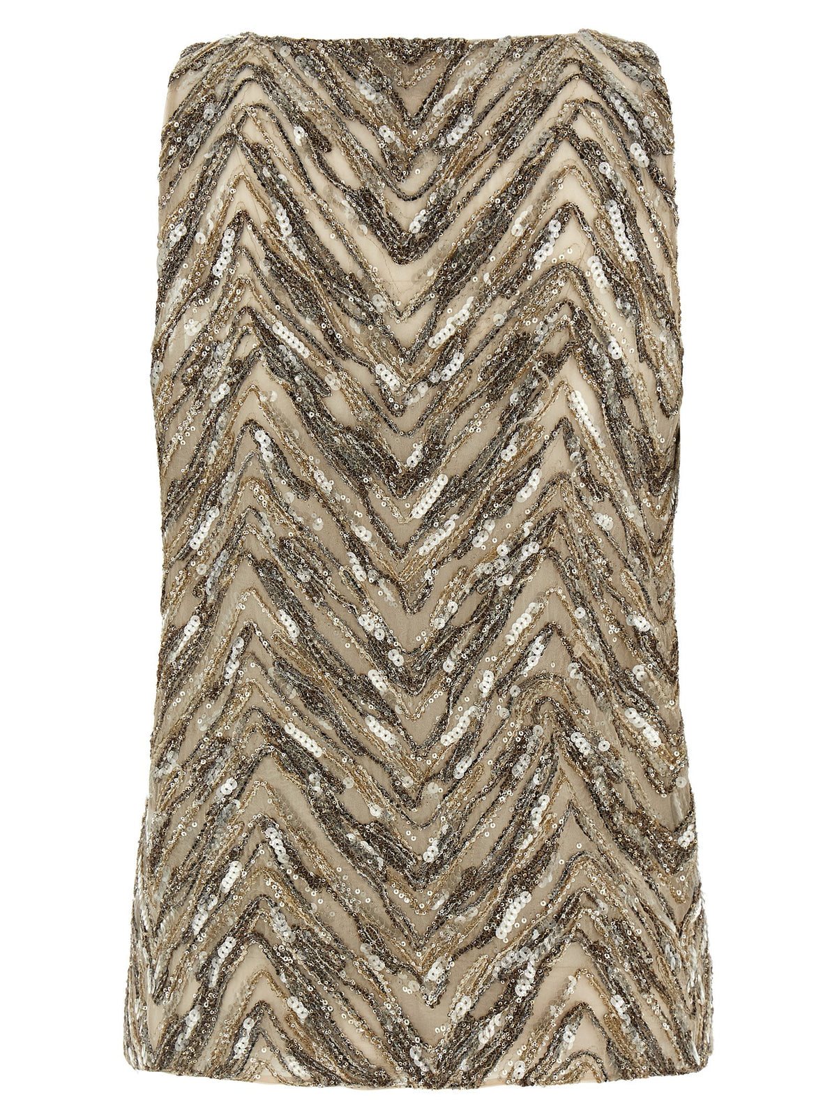 Brunello Cucinelli Grace Women's Wide V Neck Silk & Sequins Tank Top - Beige Chevron