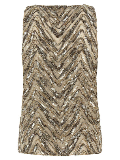 Brunello Cucinelli Grace Women's Wide V Neck Silk & Sequins Tank Top - Beige Chevron