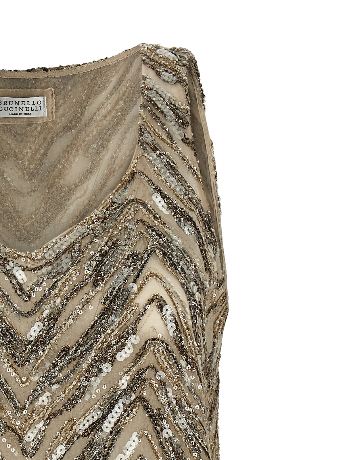 Brunello Cucinelli Grace Women's Wide V Neck Silk & Sequins Tank Top - Beige Chevron