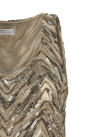 Brunello Cucinelli Grace Women's Wide V Neck Silk & Sequins Tank Top - Beige Chevron