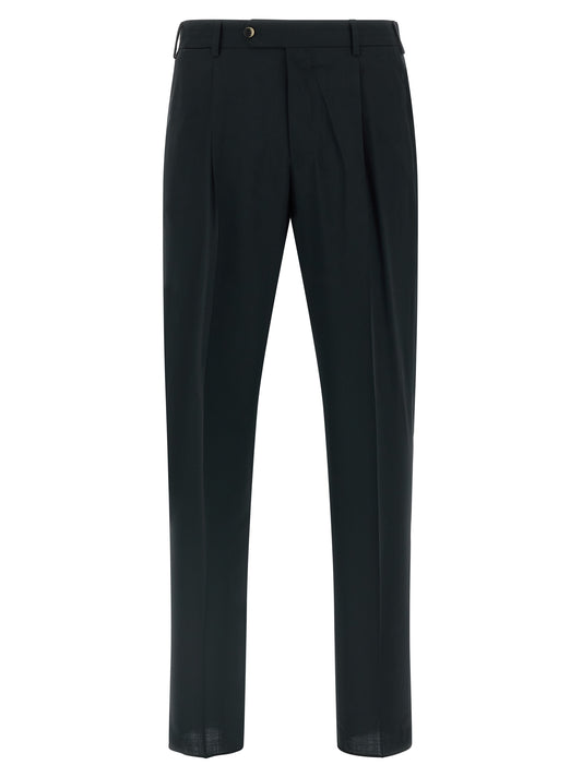 Trousers by PT Torino for men in virgin wool black features an on trend silhouette, showcasing a sophisticated tapered-leg & regular-fit with a long and for an on trend finish.