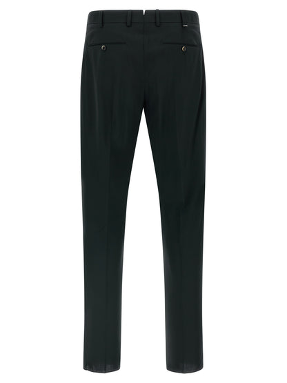 Trousers by PT Torino for men in virgin wool black features an sartorial silhouette, showcasing a precise tapered-leg & regular-fit and long with a sartorial for a refined look.
