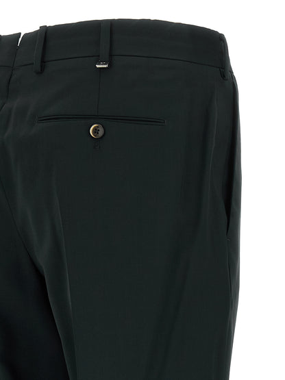Trousers by PT Torino for men in virgin wool black features a artisanal silhouette, showcasing a sophisticated tapered-leg & regular-fit with a long and for a artisanal finish.