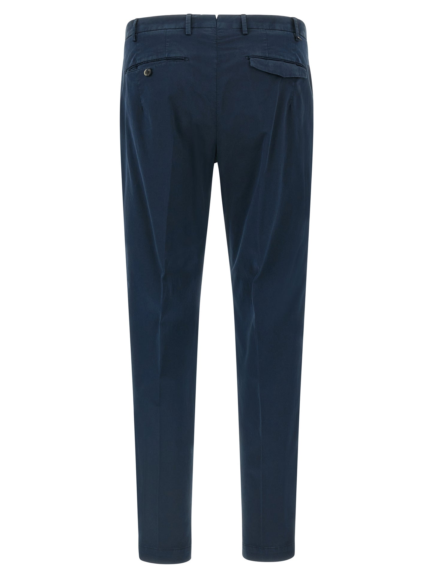 Casual Pants by PT Torino for men in stretch cotton blue presents a tailored silhouette, showcasing a tailored and long cut with a refined mid rise for a truly tailored aesthetic.