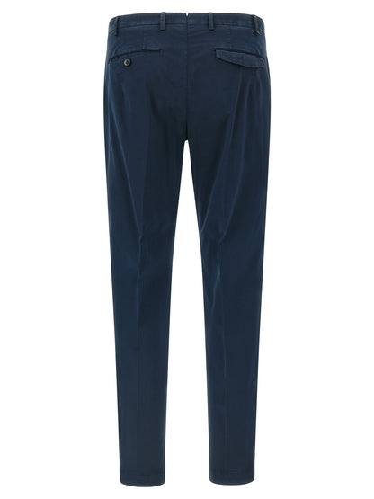 Casual Pants by PT Torino for men in stretch cotton blue presents a tailored silhouette, showcasing a tailored and long cut with a refined mid rise for a truly tailored aesthetic.