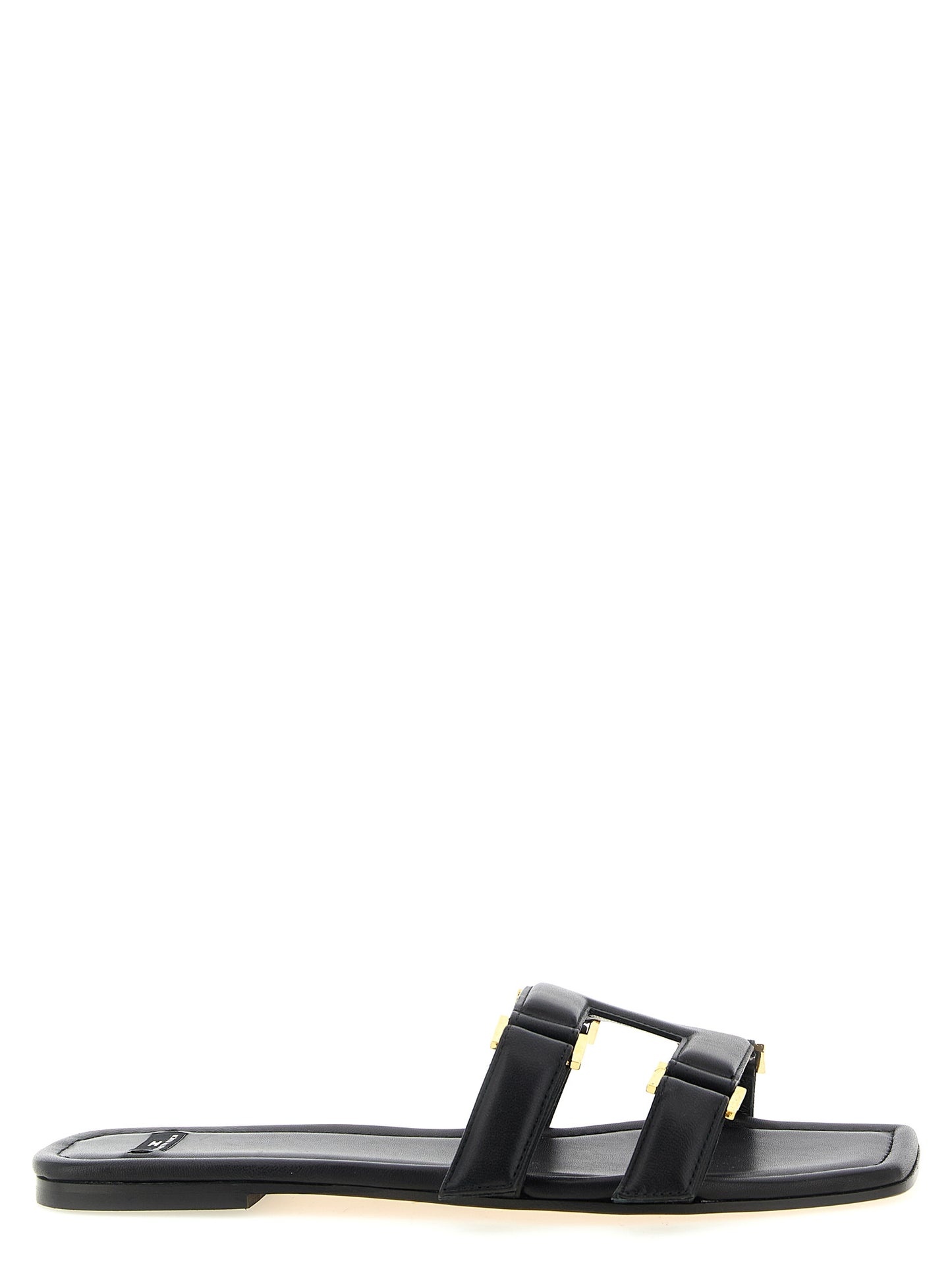 Sliders Sandals Flat Shoes by Elisabetta Franchi for women in nappa lambskin leather black presents a effortless chic silhouette, showcasing the Women's Nappa Lambskin Leather Sliders Sandals Flat Shoes design with a effortless chic and for a sophisticated look.