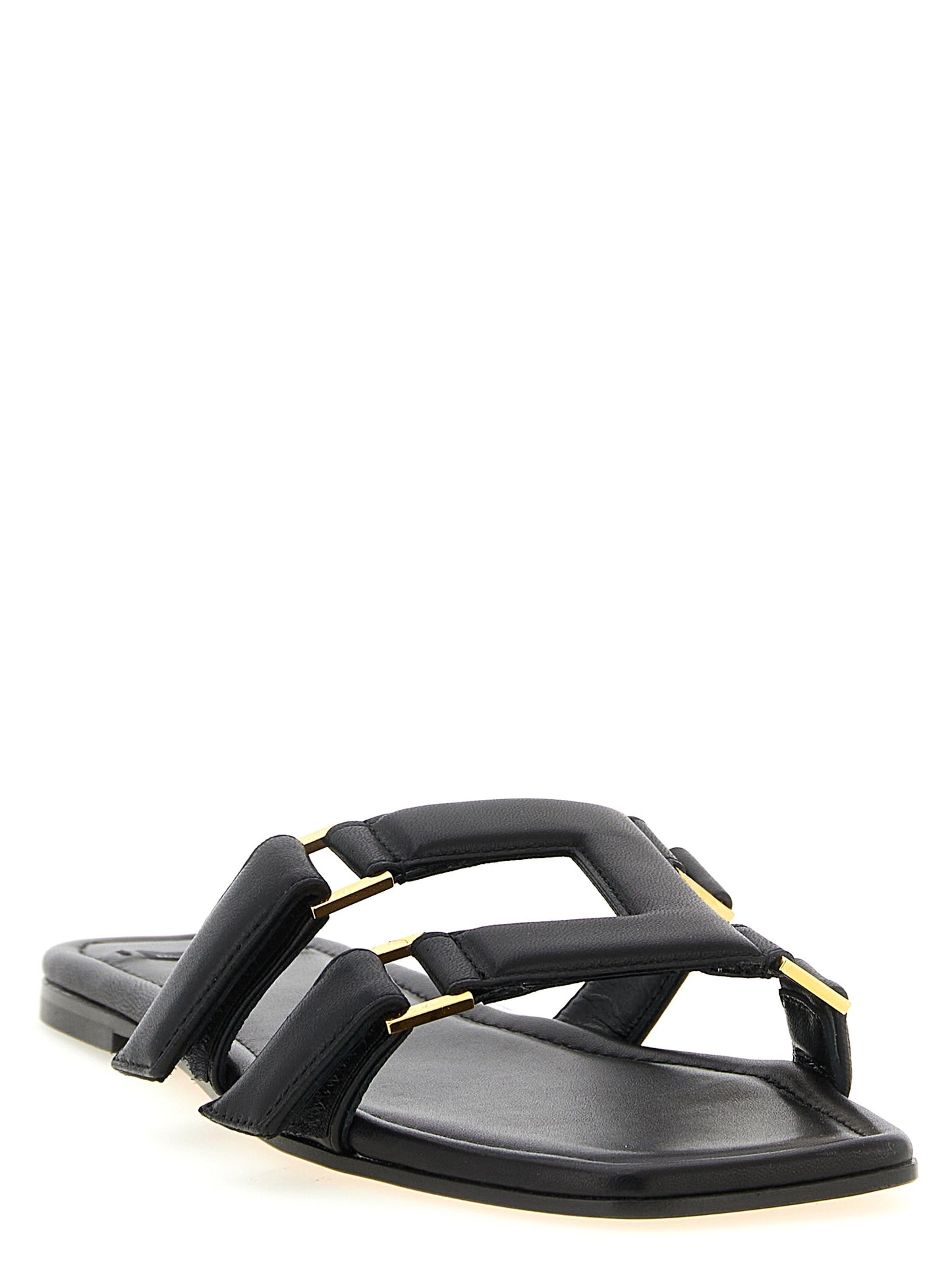 Sliders Sandals Flat Shoes by Elisabetta Franchi for women in nappa lambskin leather black features an captivating silhouette, showcasing the captivating style of the Women's Nappa Lambskin Leather Sliders Sandals Flat Shoes with its distinct and refined .