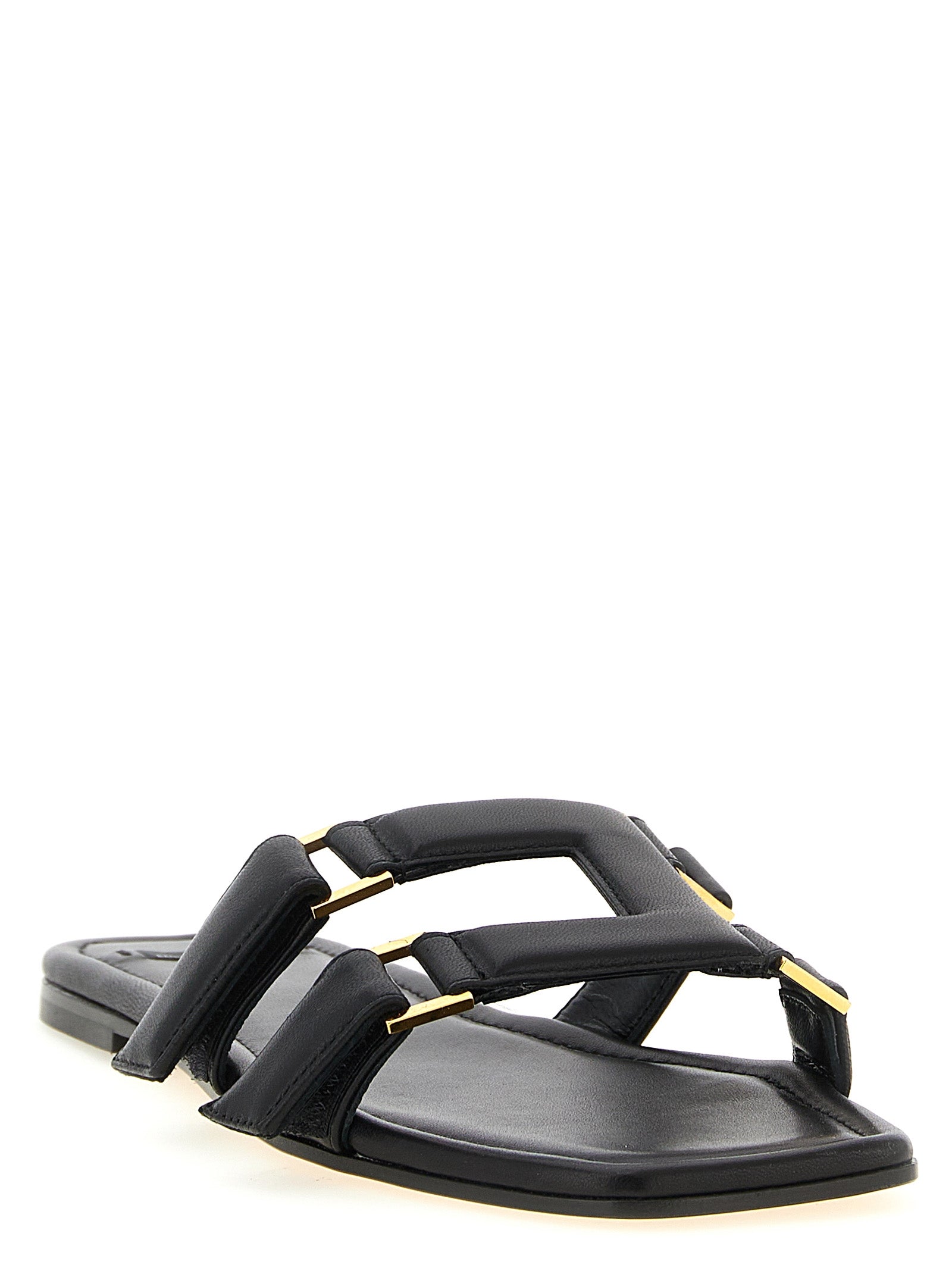 Sliders Sandals Flat Shoes by Elisabetta Franchi for women in nappa lambskin leather black features an captivating silhouette, showcasing the captivating style of the Women's Nappa Lambskin Leather Sliders Sandals Flat Shoes with its distinct and refined .