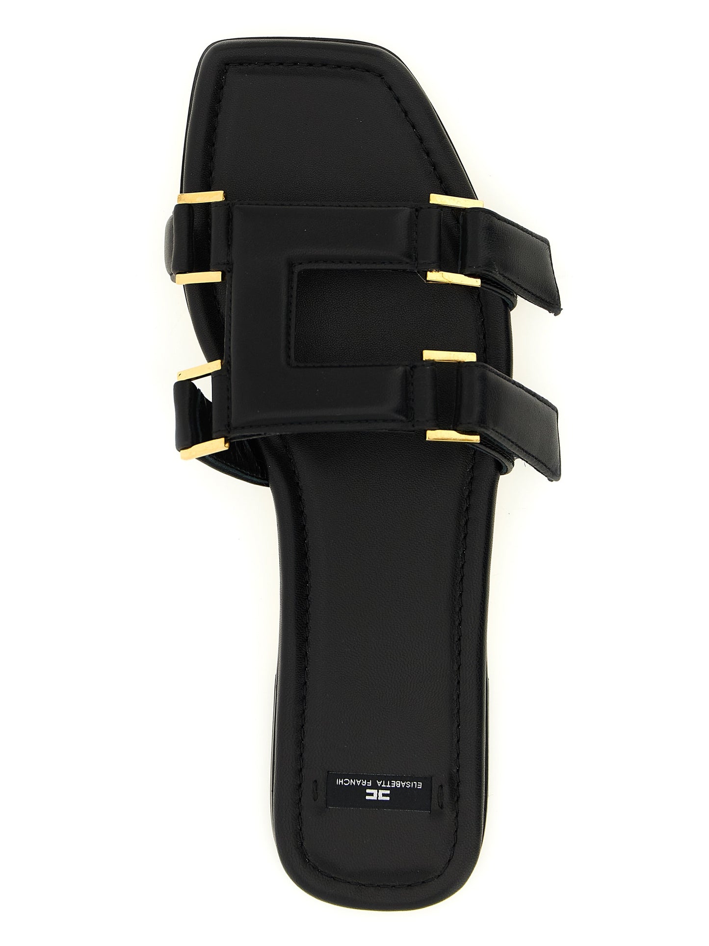 Sliders Sandals Flat Shoes by Elisabetta Franchi for women in nappa lambskin leather black features an statuesque silhouette from the Women's Nappa Lambskin Leather Sliders Sandals Flat Shoes collection, showcasing a and a statuesque for a statuesque look.