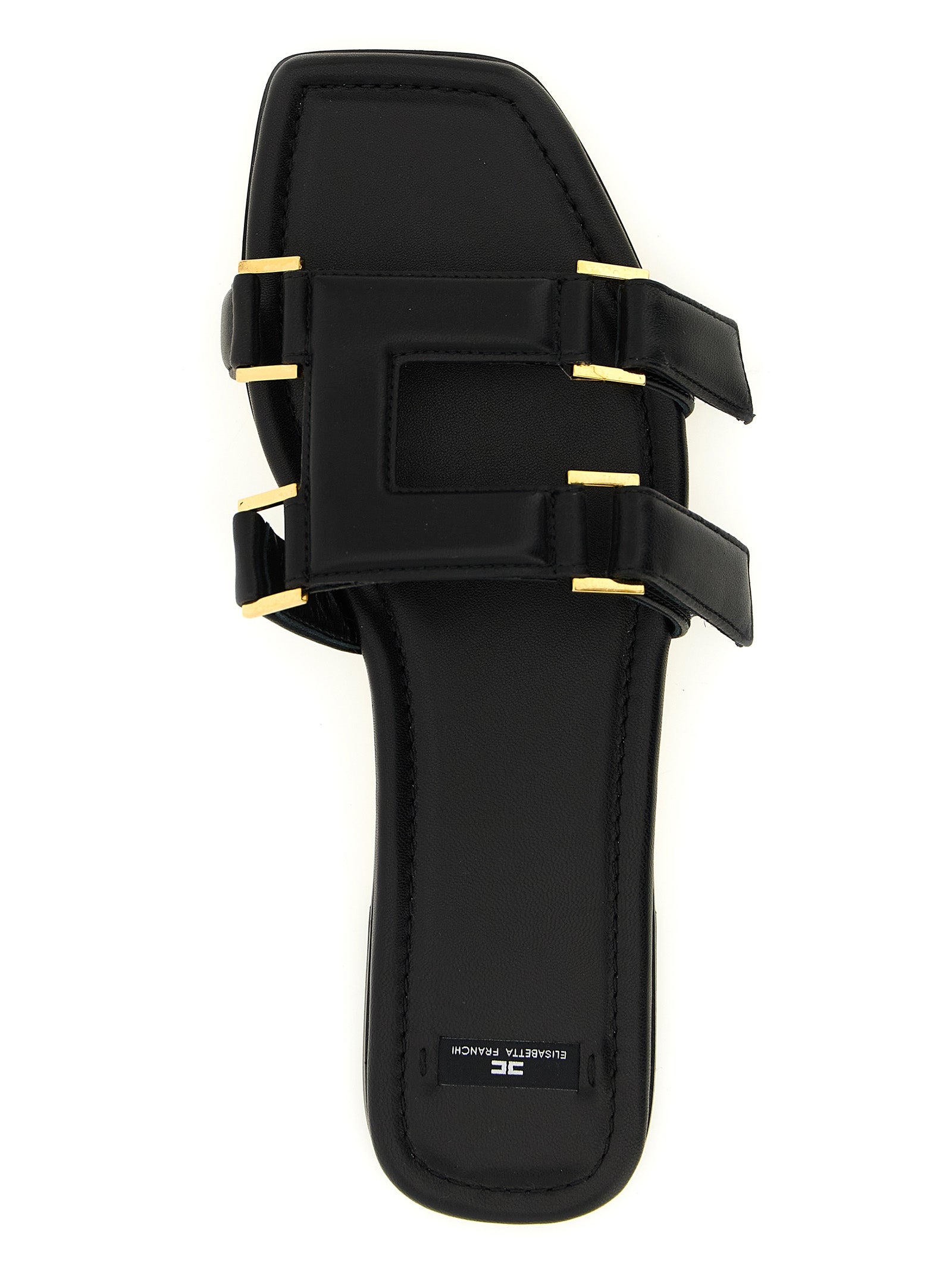 Sliders Sandals Flat Shoes by Elisabetta Franchi for women in nappa lambskin leather black features an statuesque silhouette from the Women's Nappa Lambskin Leather Sliders Sandals Flat Shoes collection, showcasing a and a statuesque for a statuesque look.