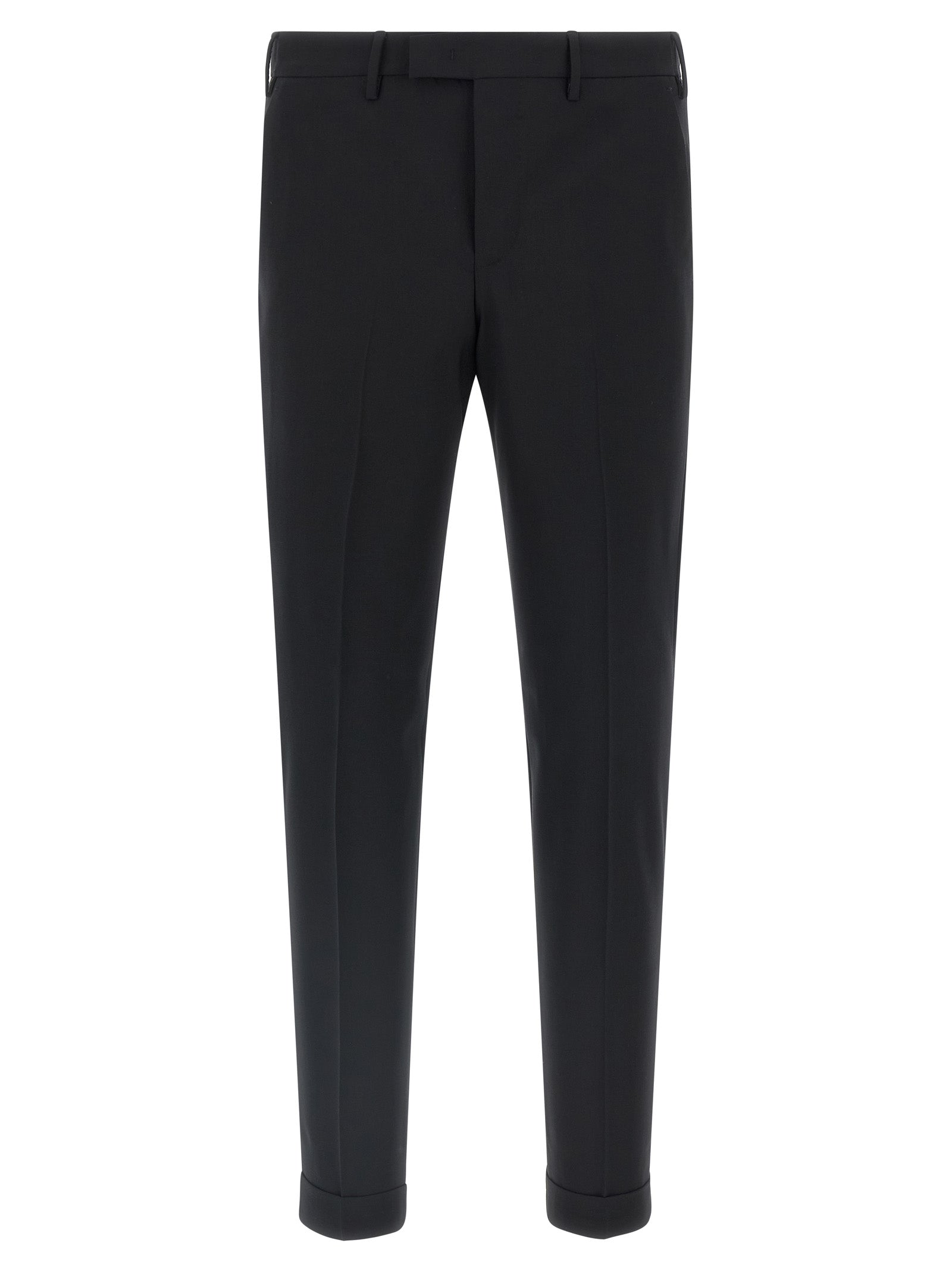 Trousers by PT Torino for men in virgin wool black features an sartorial silhouette, showcasing a precise and long with a sartorial mid rise for a refined look.