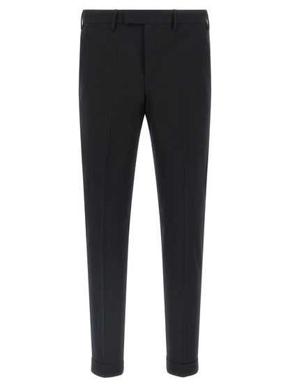 Trousers by PT Torino for men in virgin wool black features an sartorial silhouette, showcasing a precise and long with a sartorial mid rise for a refined look.