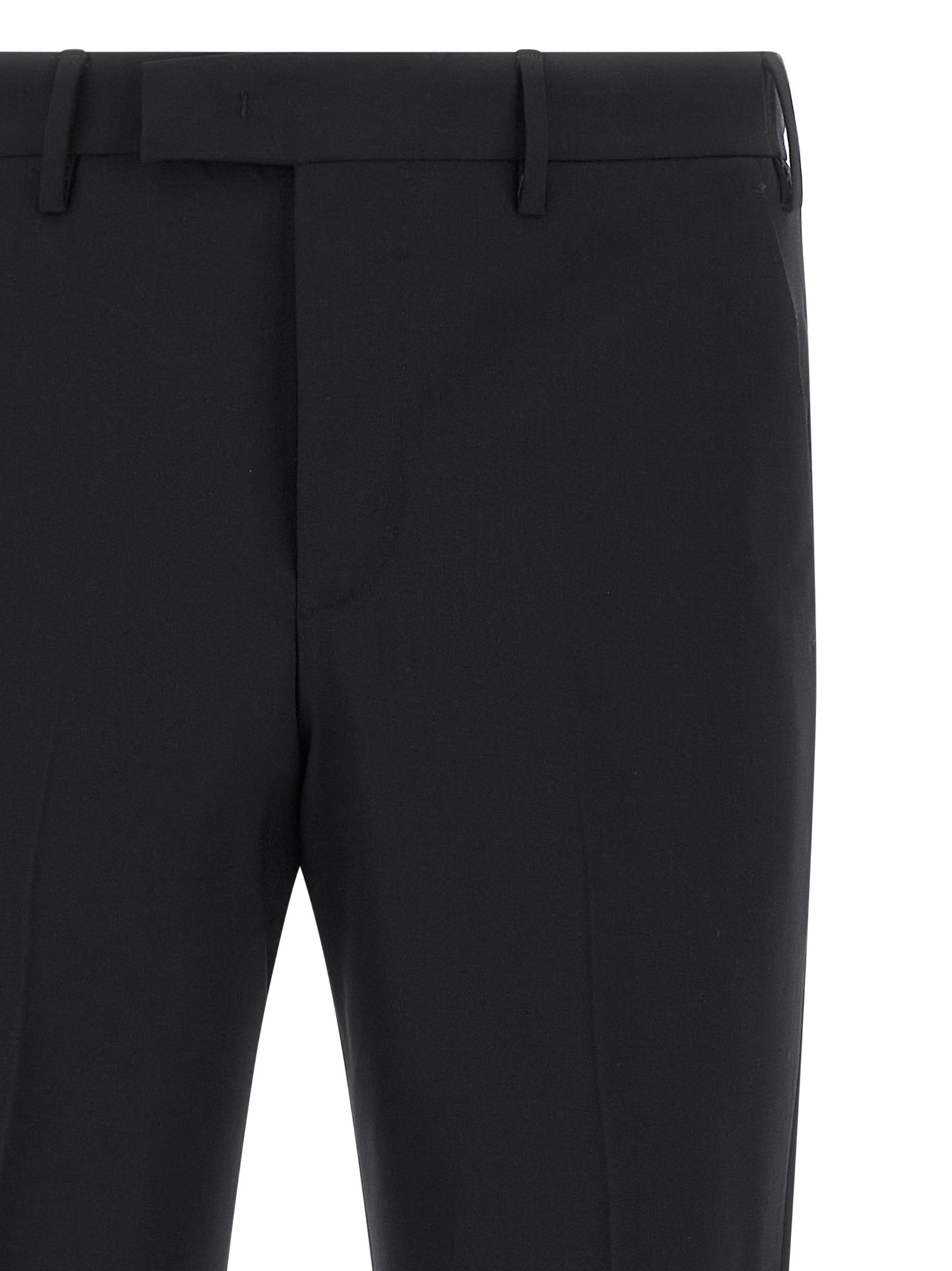 Trousers by PT Torino for men in virgin wool black features a sculptural silhouette, showcasing a sculptural and long with a sophisticated mid rise for a sculptural finish.