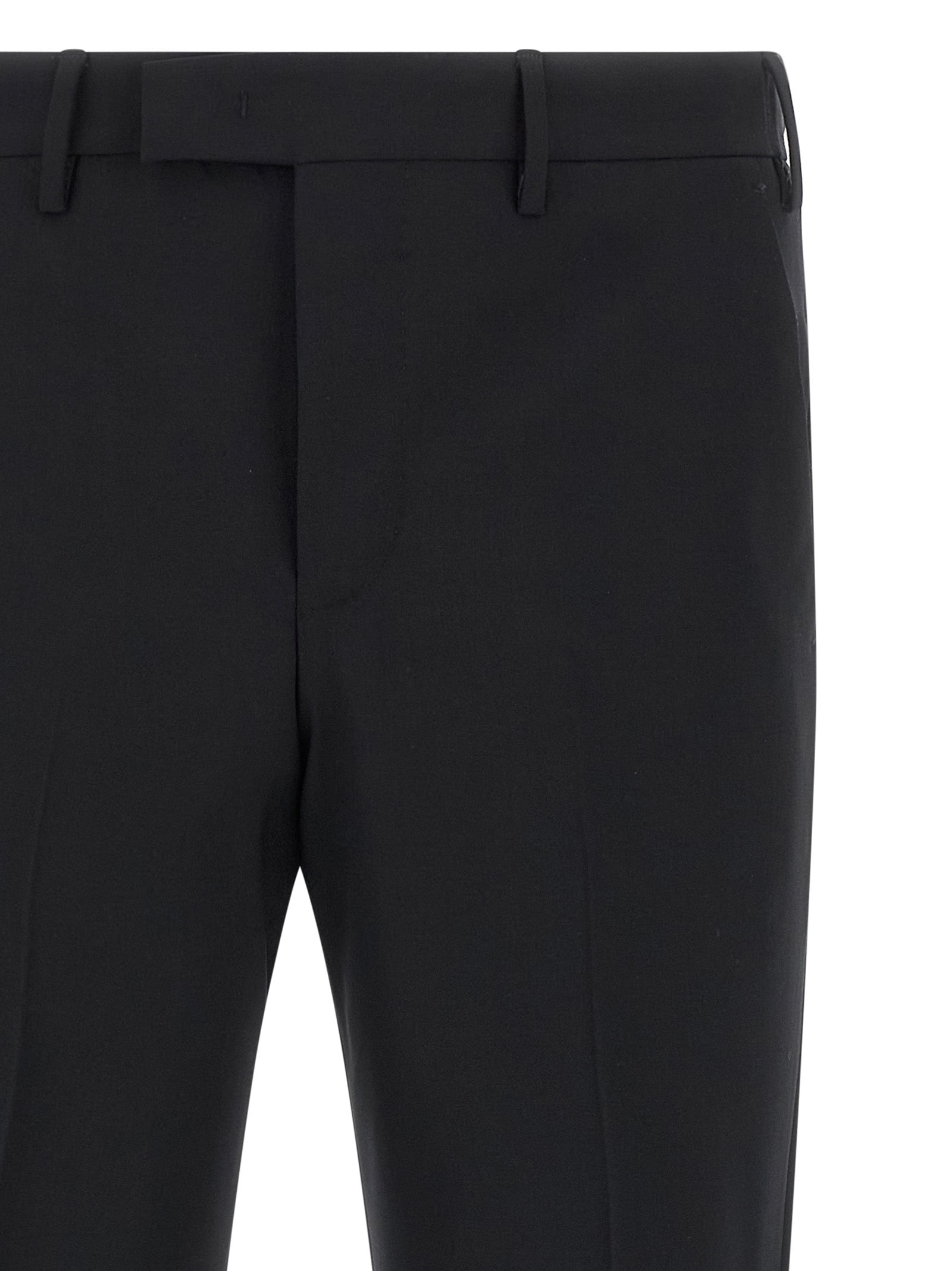Trousers by PT Torino for men in virgin wool black features a sculptural silhouette, showcasing a sculptural and long with a sophisticated mid rise for a sculptural finish.