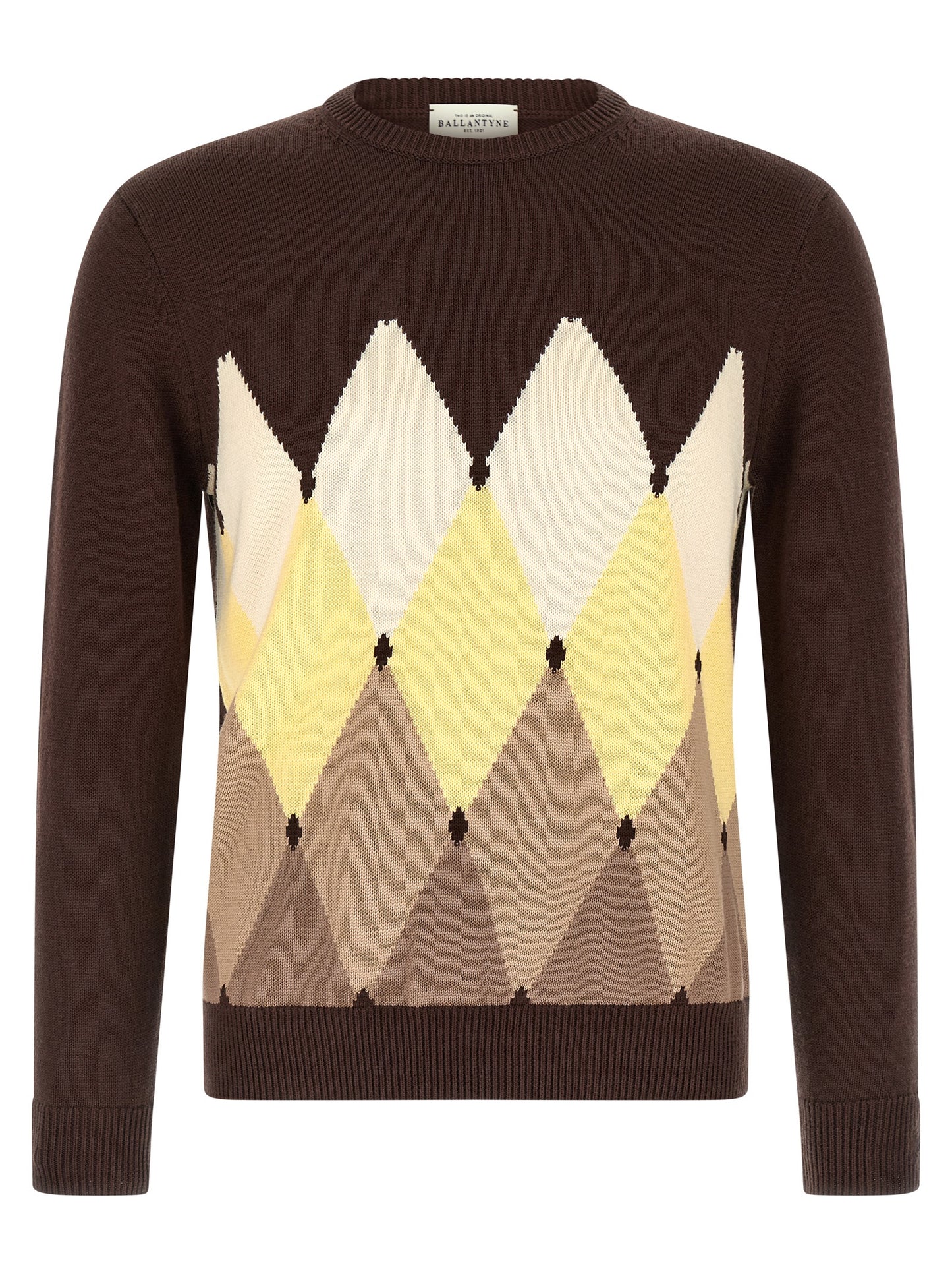 Cardigan by Ballantyne for men in cashmere cotton blend brown, patterned, argyle & jacquard features an crisp silhouette, showcasing a sophisticated crew neckline and detail for a truly crisp finish.