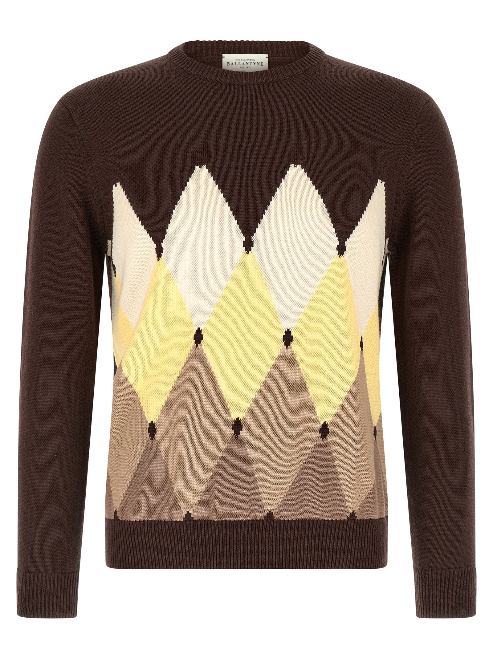 Cardigan by Ballantyne for men in cashmere cotton blend brown, patterned, argyle & jacquard features an crisp silhouette, showcasing a sophisticated crew neckline and detail for a truly crisp finish.