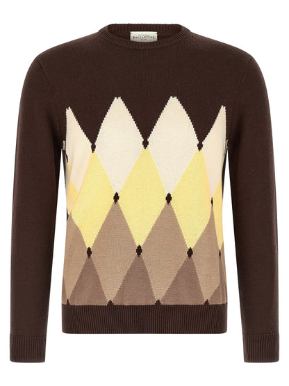 Cardigan by Ballantyne for men in cashmere cotton blend brown, patterned, argyle & jacquard features an crisp silhouette, showcasing a sophisticated crew neckline and detail for a truly crisp finish.
