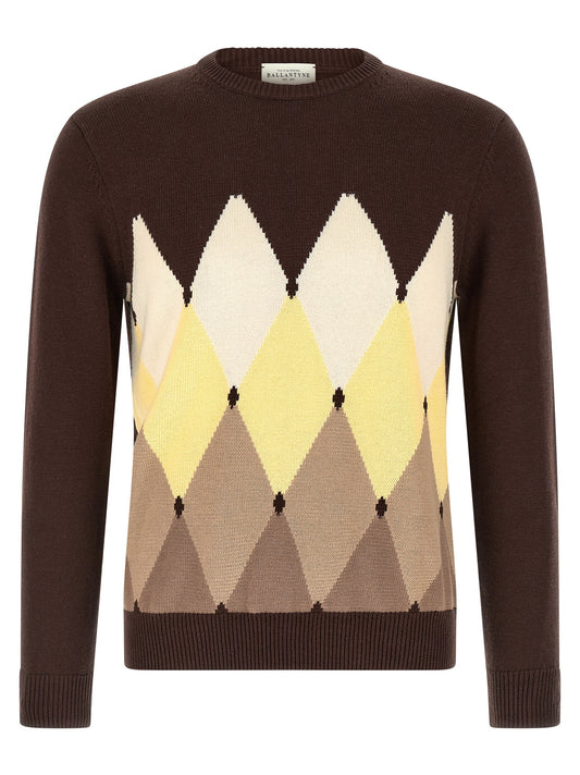 Cardigan by Ballantyne for men in cashmere cotton blend brown, patterned, argyle & jacquard features an crisp silhouette, showcasing a sophisticated crew neckline and detail for a truly crisp finish.