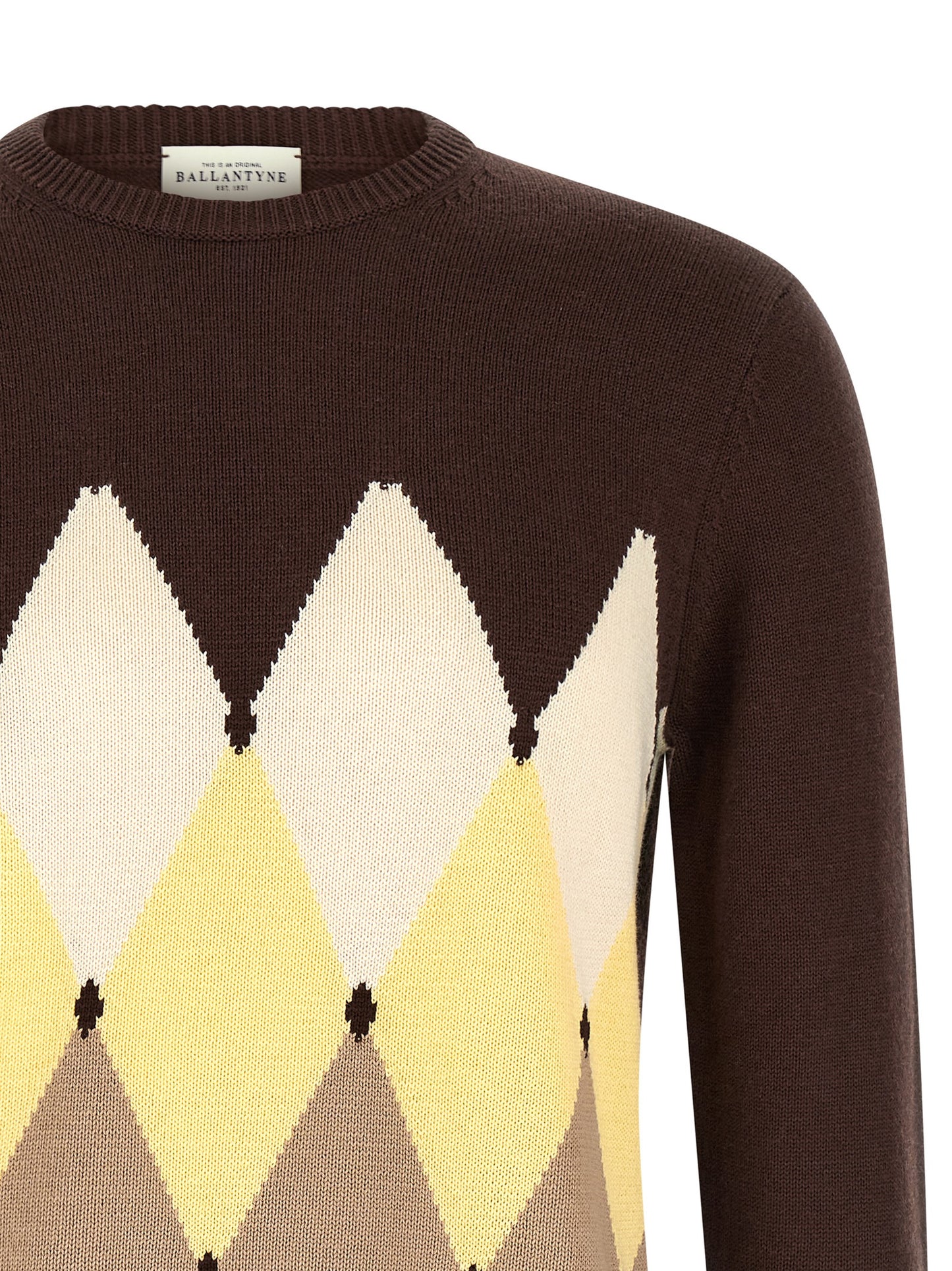 Cardigan by Ballantyne for men in cashmere cotton blend brown, patterned, argyle & jacquard features a dramatic silhouette, showcasing a sophisticated crew neckline and dramatic detail for a timeless, premium look.