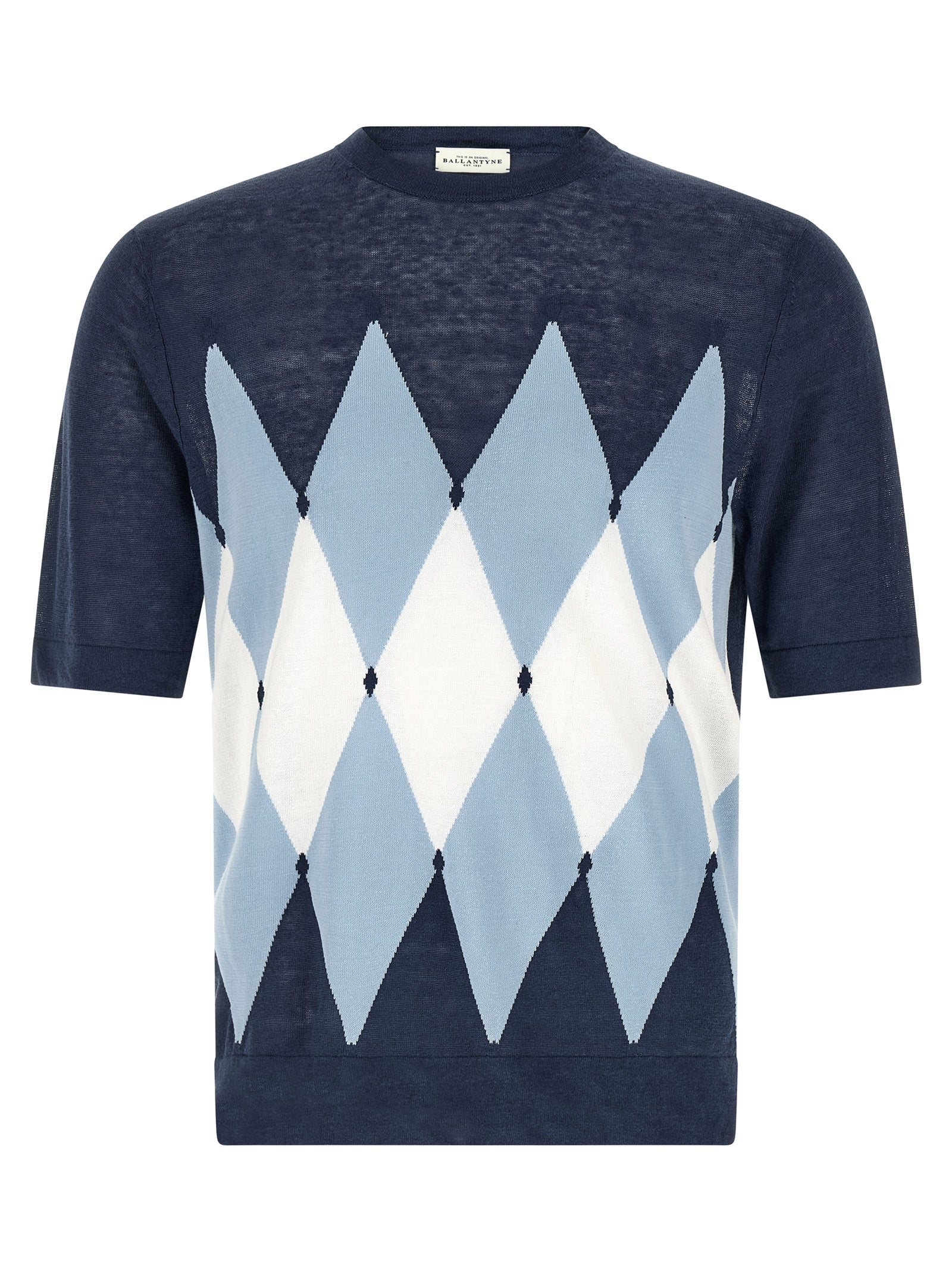 T-Shirt by Ballantyne for men in linen & cotton blue, patterned, argyle & jacquard showcases a unassuming silhouette, artfully detailed with a refined crew neckline and unassuming short-sleeve for a sophisticated, contemporary look.