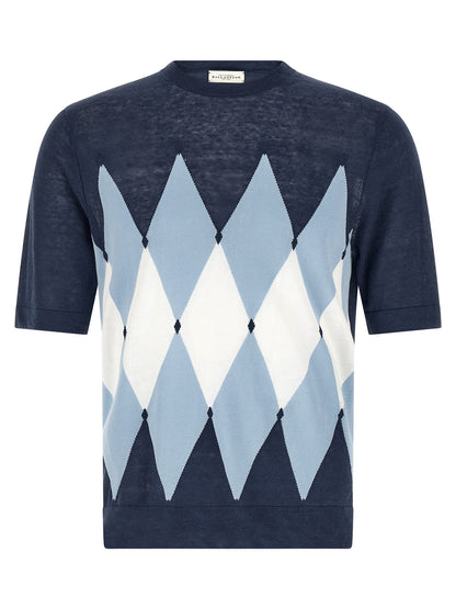 T-Shirt by Ballantyne for men in linen & cotton blue, patterned, argyle & jacquard showcases a unassuming silhouette, artfully detailed with a refined crew neckline and unassuming short-sleeve for a sophisticated, contemporary look.