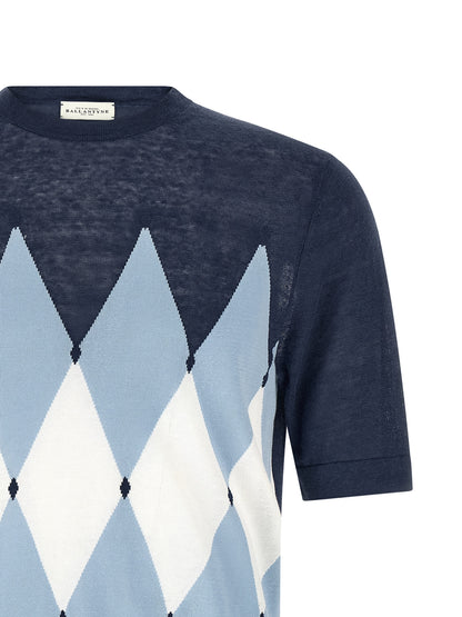 T-Shirt by Ballantyne for men in linen & cotton blue, patterned, argyle & jacquard showcases a dramatic silhouette, elegantly detailed with a dramatic and for a truly dramatic finish.