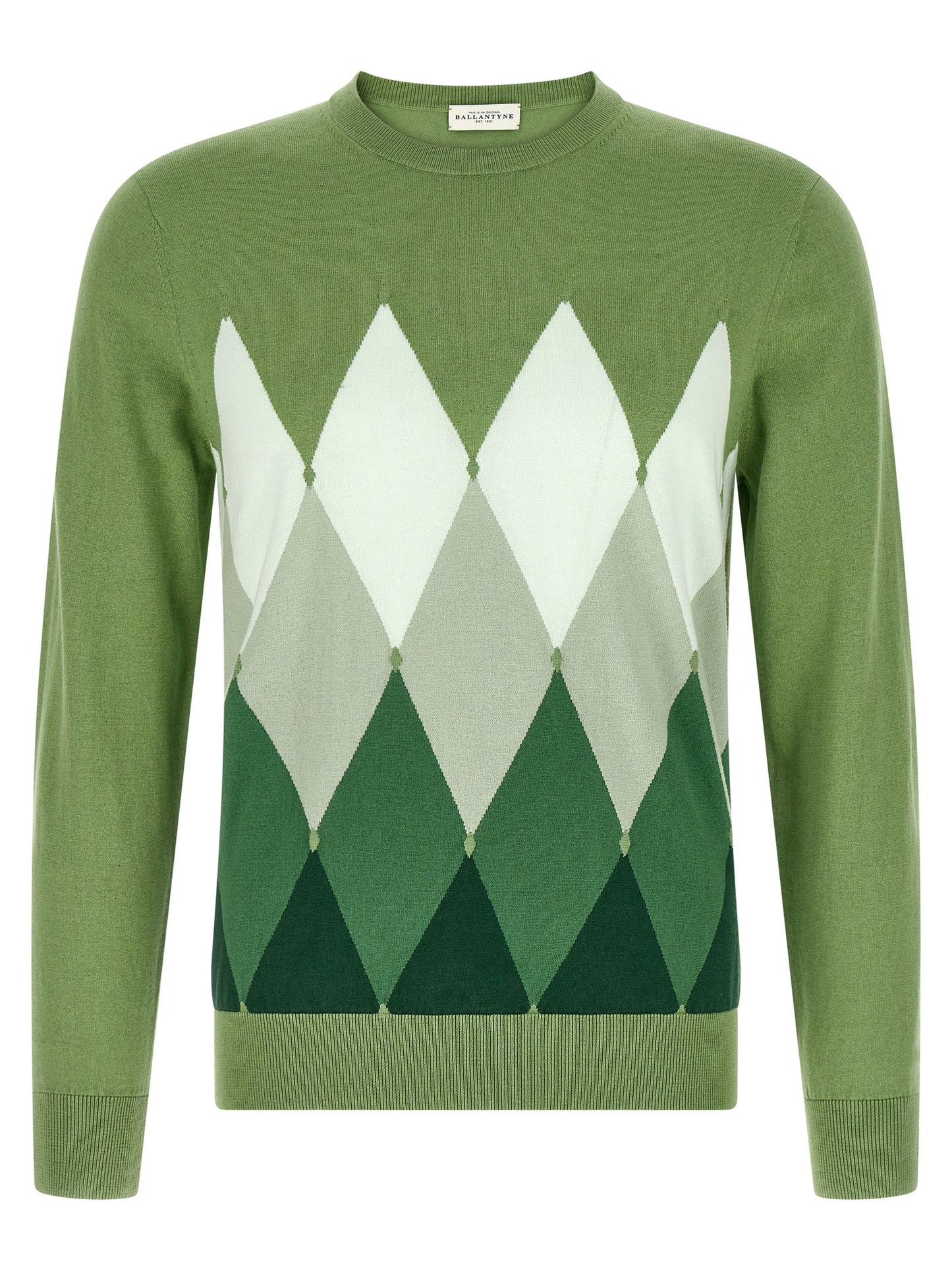 Cardigan by Ballantyne for men in cashmere cotton blend bicolour, green, patterned, argyle & jacquard features a dramatic silhouette, showcasing a sophisticated crew neckline and dramatic detail for a timeless, premium look.