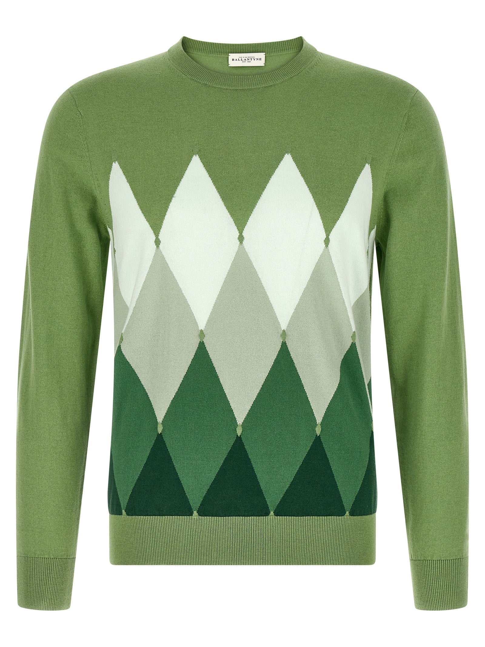 Cardigan by Ballantyne for men in cashmere cotton blend bicolour, green, patterned, argyle & jacquard features a dramatic silhouette, showcasing a sophisticated crew neckline and dramatic detail for a timeless, premium look.