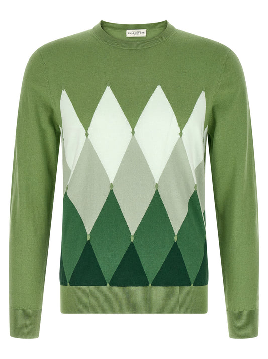 Cardigan by Ballantyne for men in cashmere cotton blend bicolour, green, patterned, argyle & jacquard features a dramatic silhouette, showcasing a sophisticated crew neckline and dramatic detail for a timeless, premium look.