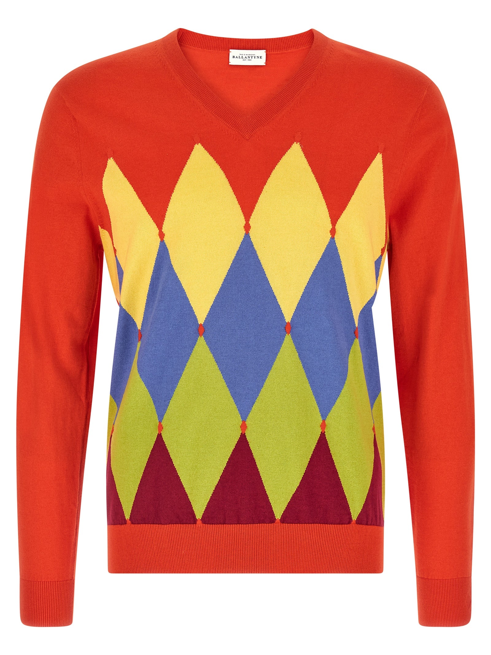 Cardigan by Ballantyne for men in cashmere cotton blend multicolor, red, patterned, argyle & jacquard features an crisp silhouette, showcasing a sophisticated v-neck neckline and detail for a truly crisp finish.