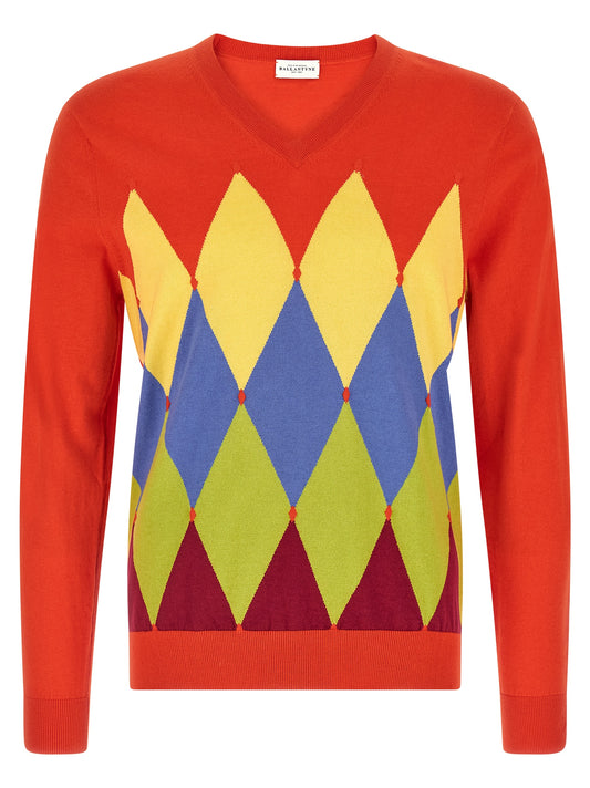 Cardigan by Ballantyne for men in cashmere cotton blend multicolor, red, patterned, argyle & jacquard features an crisp silhouette, showcasing a sophisticated v-neck neckline and detail for a truly crisp finish.