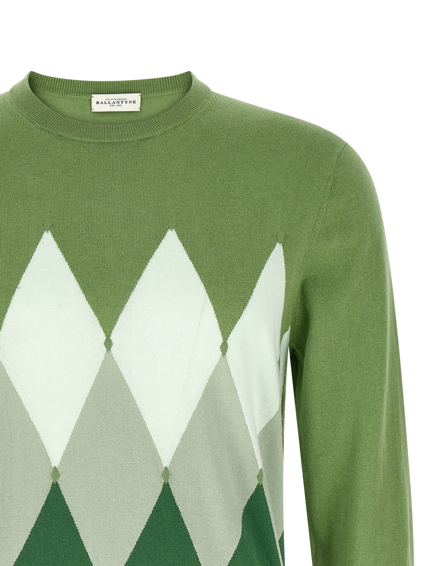Cardigan by Ballantyne for men in cashmere cotton blend bicolour, green, patterned, argyle & jacquard showcases a captivating silhouette, artfully detailed with a captivating and crew neckline for a truly sophisticated captivating look.