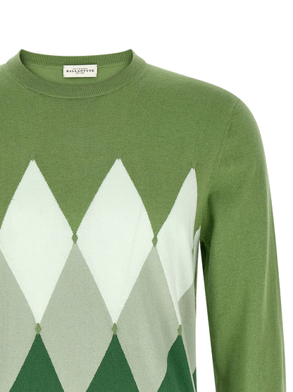 Cardigan by Ballantyne for men in cashmere cotton blend bicolour, green, patterned, argyle & jacquard showcases a captivating silhouette, artfully detailed with a captivating and crew neckline for a truly sophisticated captivating look.