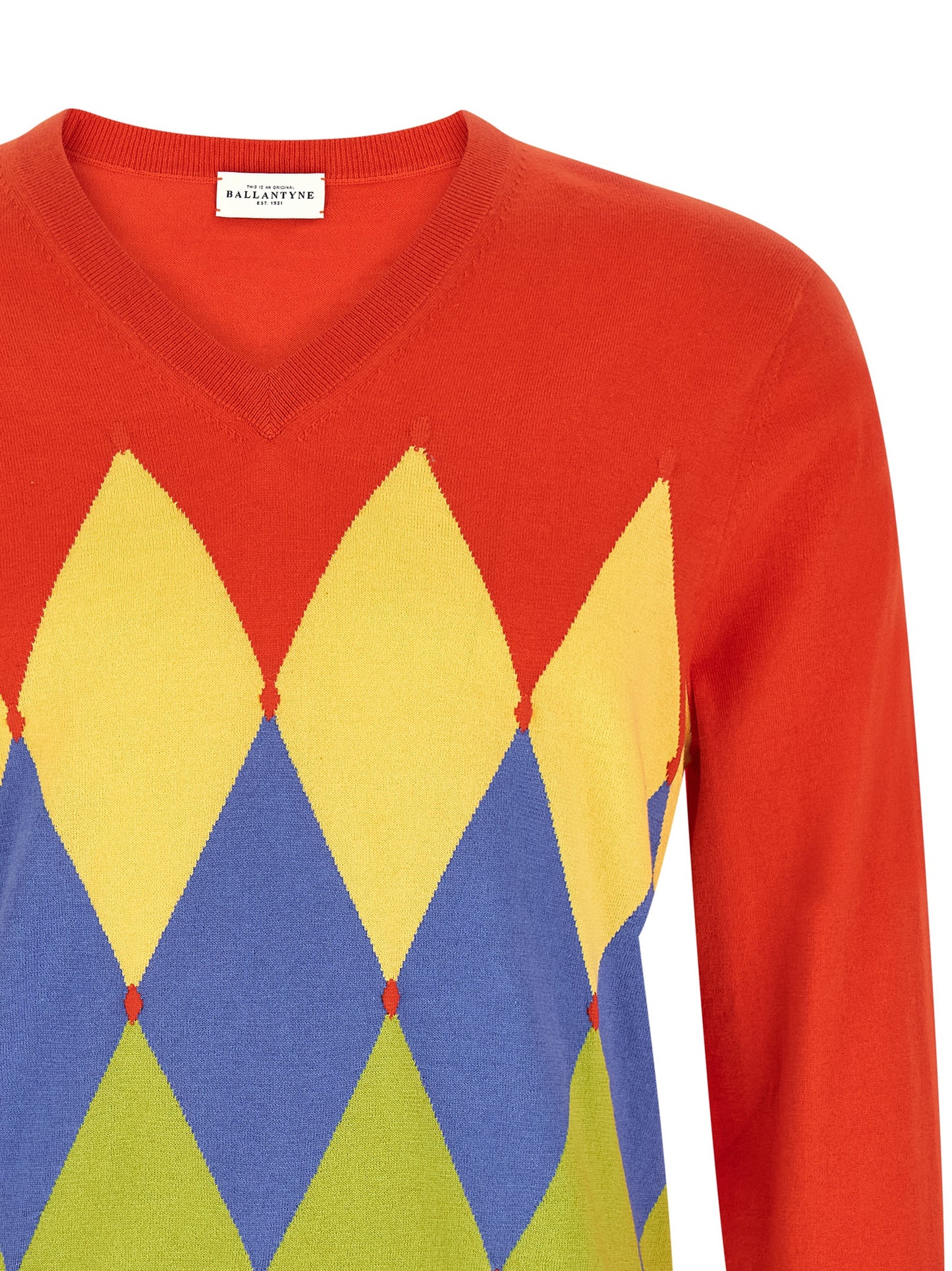 Cardigan by Ballantyne for men in cashmere cotton blend multicolor, red, patterned, argyle & jacquard features a nuanced silhouette with a refined v-neck neckline and nuanced detailing for a sophisticated look.