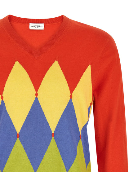 Cardigan by Ballantyne for men in cashmere cotton blend multicolor, red, patterned, argyle & jacquard features a nuanced silhouette with a refined v-neck neckline and nuanced detailing for a sophisticated look.